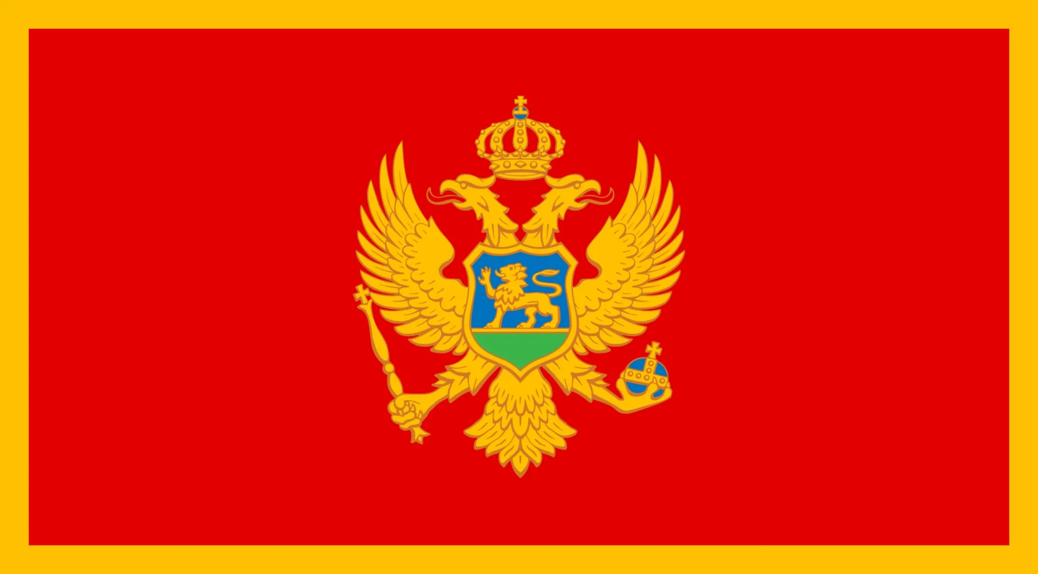 Red flag with golden border, centered gold double-headed eagle crest with a lion on a blue shield. Guess The Country.