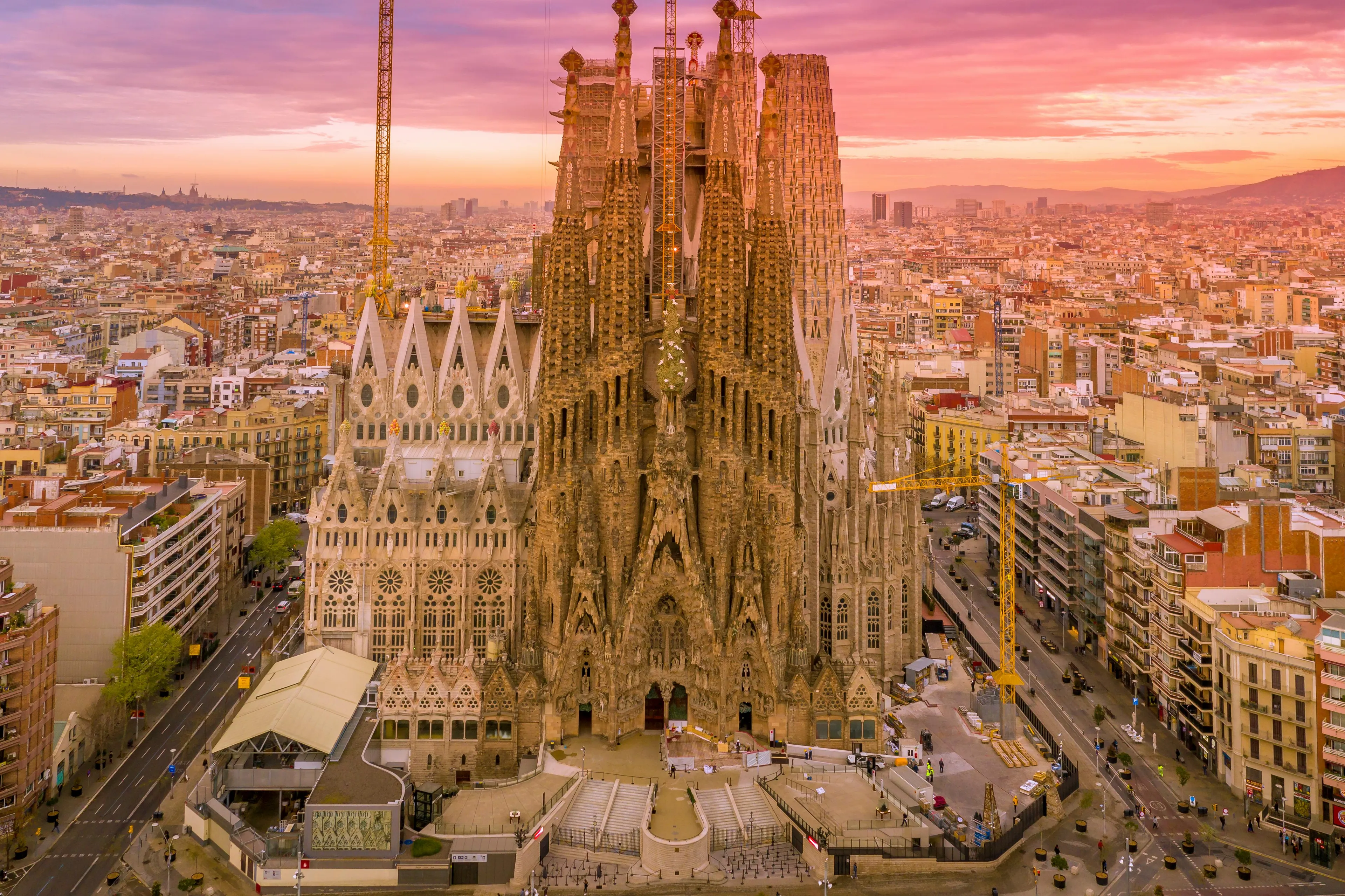 Aerial view of Sagrada Familia in Barcelona at sunset. A visual hint landmark for the Geography Challenge: Guess the Country!