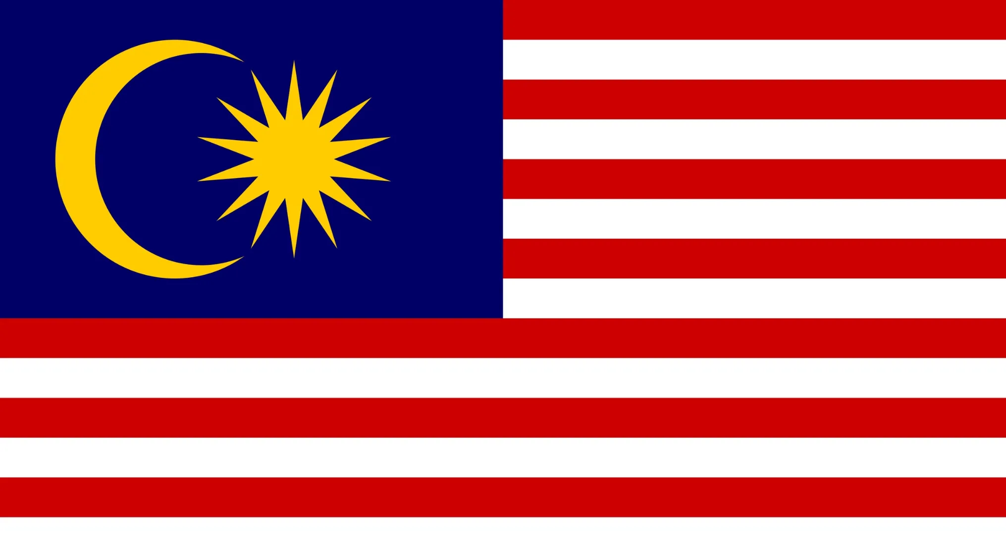 Flag of Malaysia featuring 14 red and white stripes, a blue canton with a yellow crescent and 14-point star. Guess The Country.