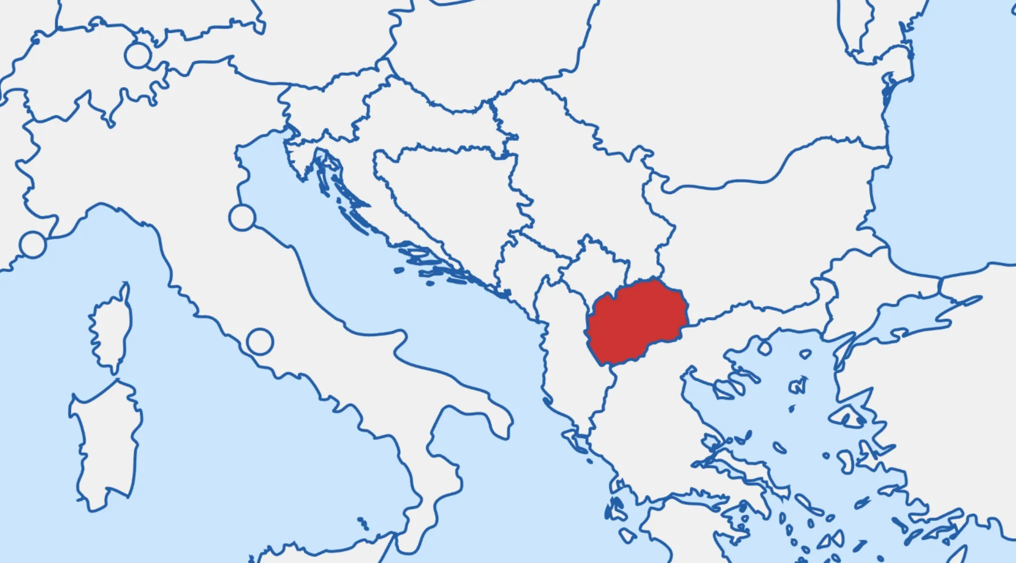 Map of Europe. North Macedonia is highlighted in red. Guess The Country for this two-word nation challenge.}