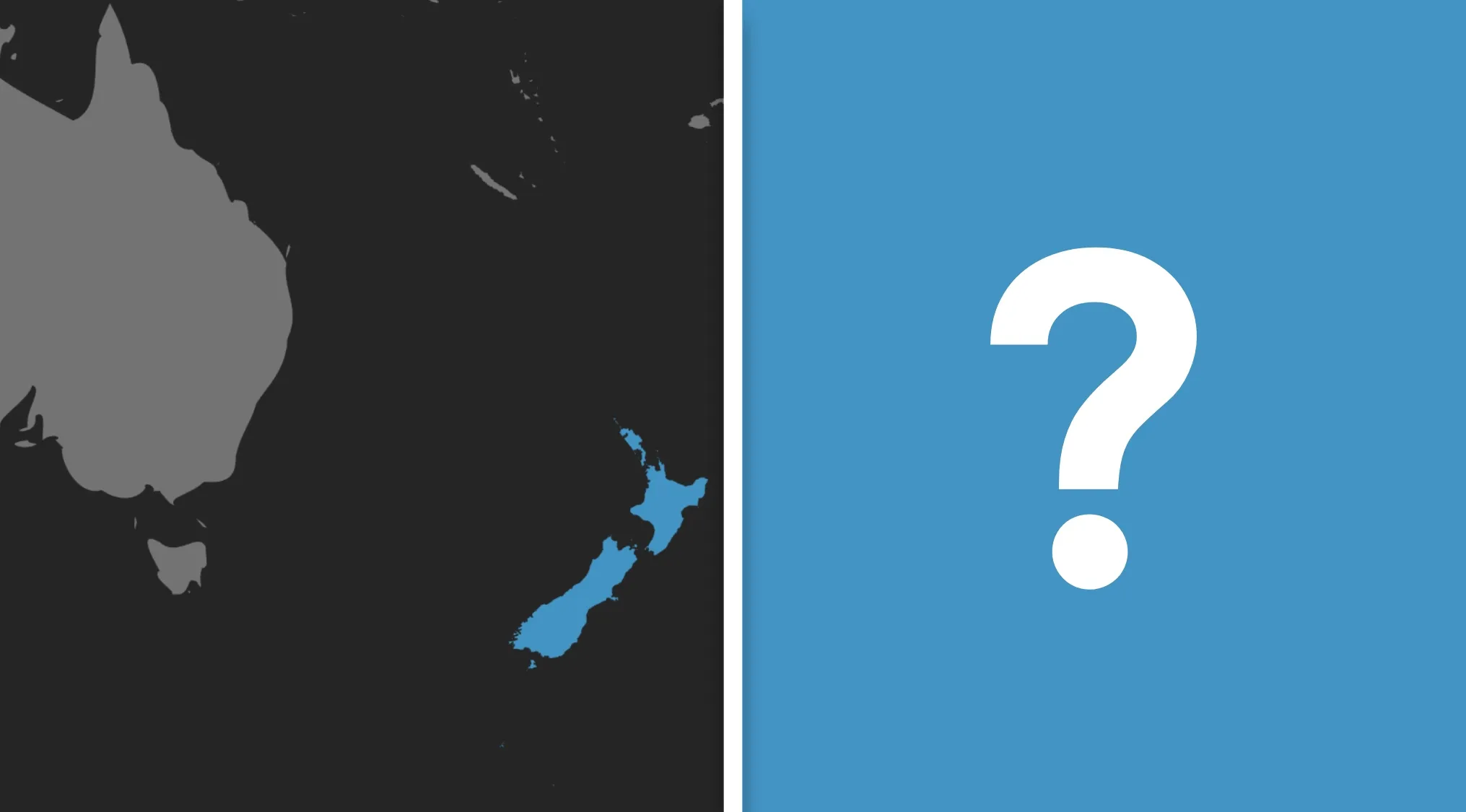 Map shows New Zealand highlighted in blue, next to a question mark. Guess The Country from this visual hint.