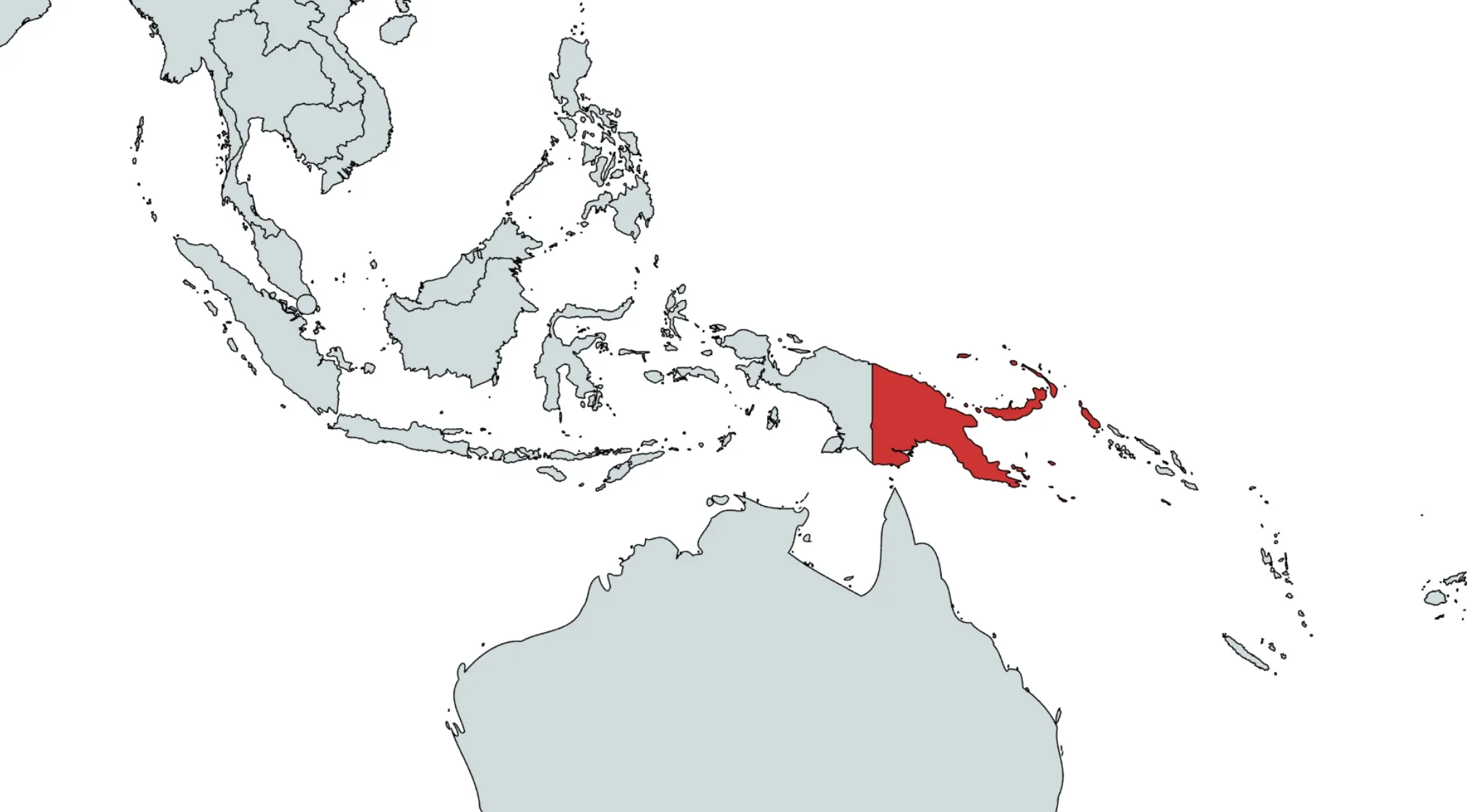 Map of Southeast Asia and Oceania with Papua New Guinea highlighted in red. Identify the country from the map.