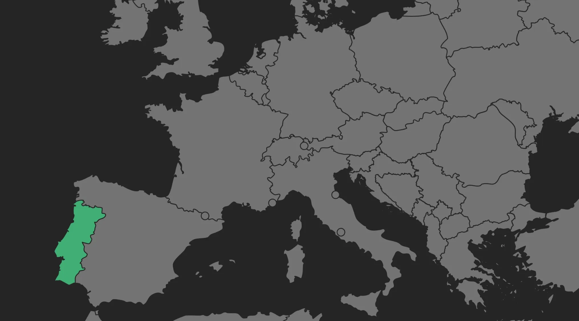 Map of Europe with Portugal highlighted in green. Use this visual hint to Guess The Country.
