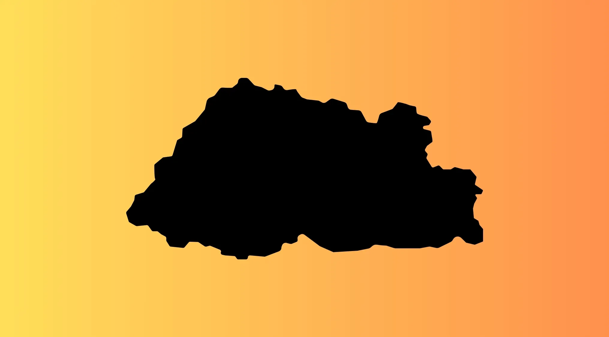 Identify the country from this outline: Bhutan's black silhouette on a warm orange and yellow gradient background.