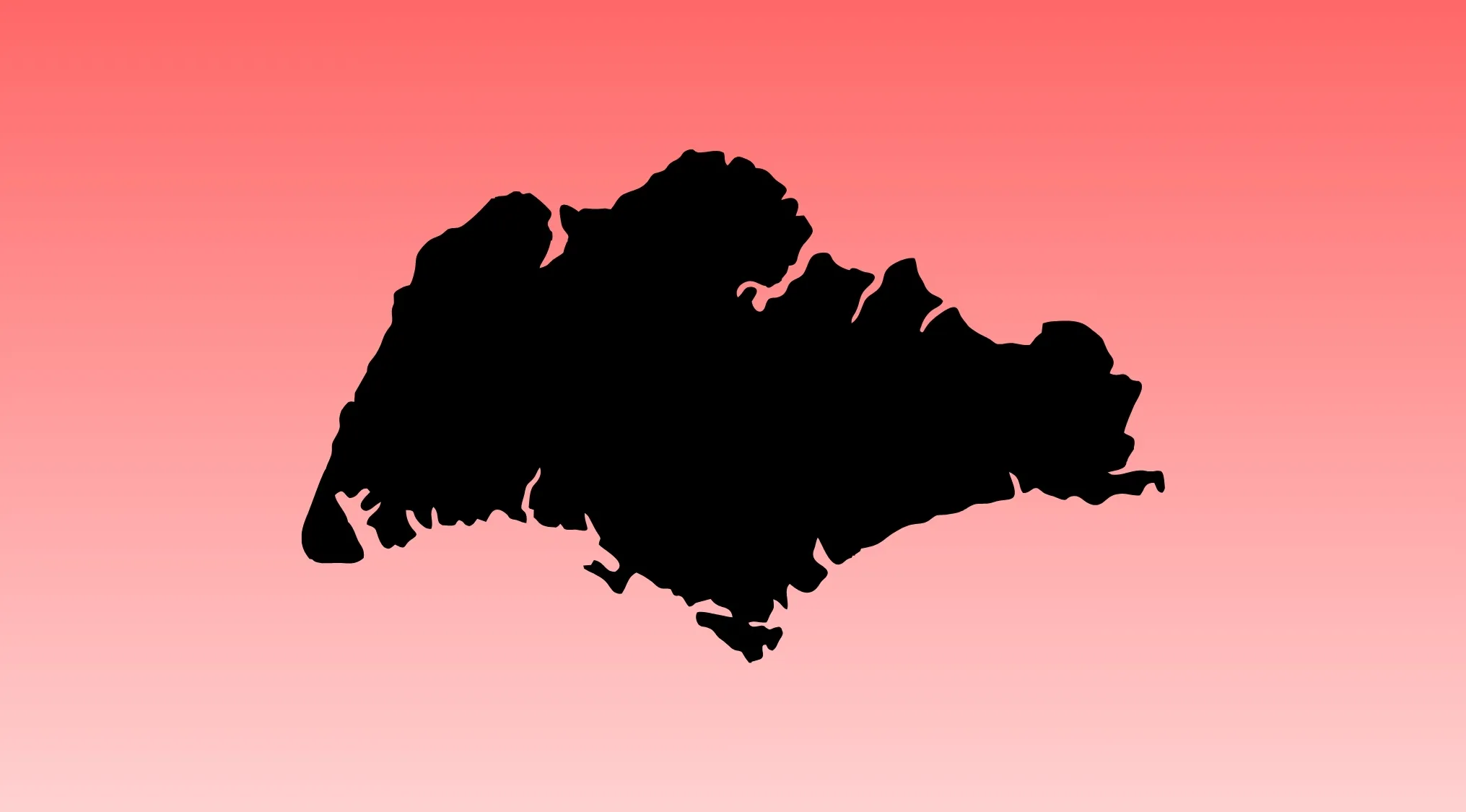 Black outline of Singapore on a red background. Guess The Country from this visual hint for the geography challenge.