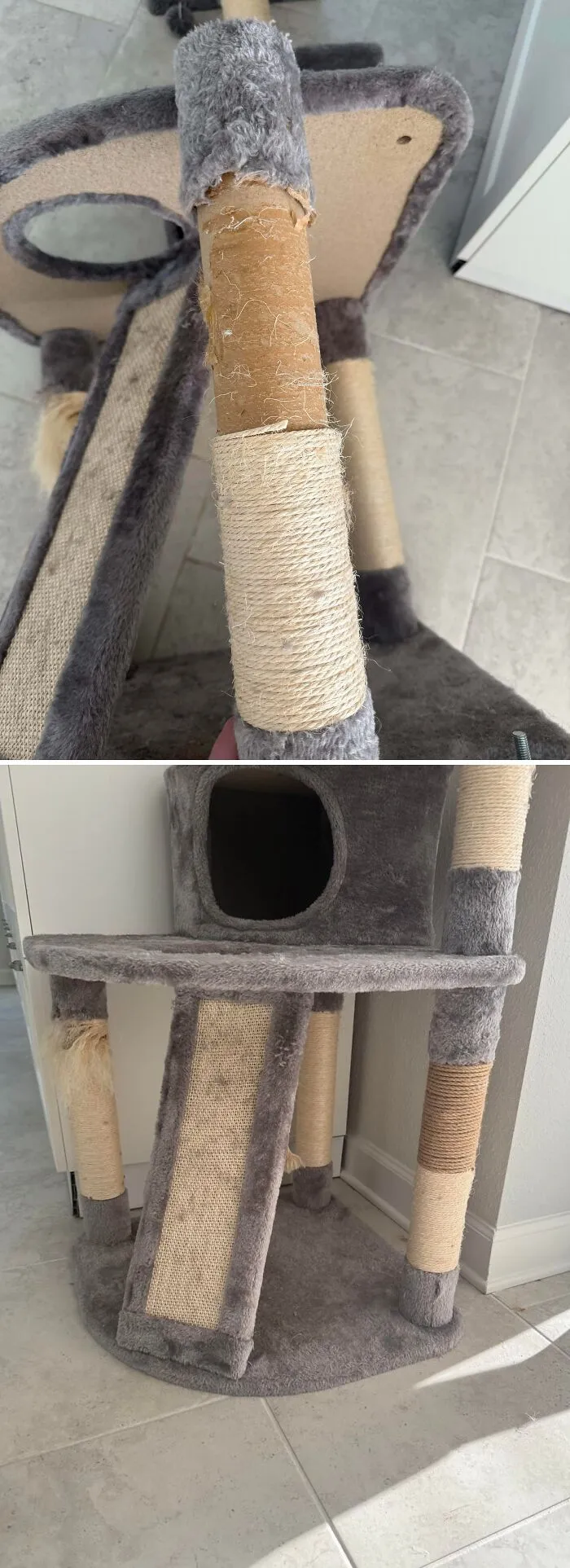 Compré 300 pies de cuerda de sisal por $17 y rehíce el rascador de mis gatos en lugar de comprar uno nuevo. También arreglé la cama superior que se había caído.