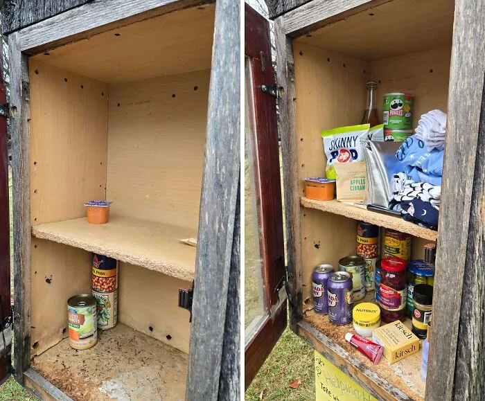 Antes y después de la despensa de alimentos local. Completamente llena de comida no deseada de mis compañeros de trabajo.