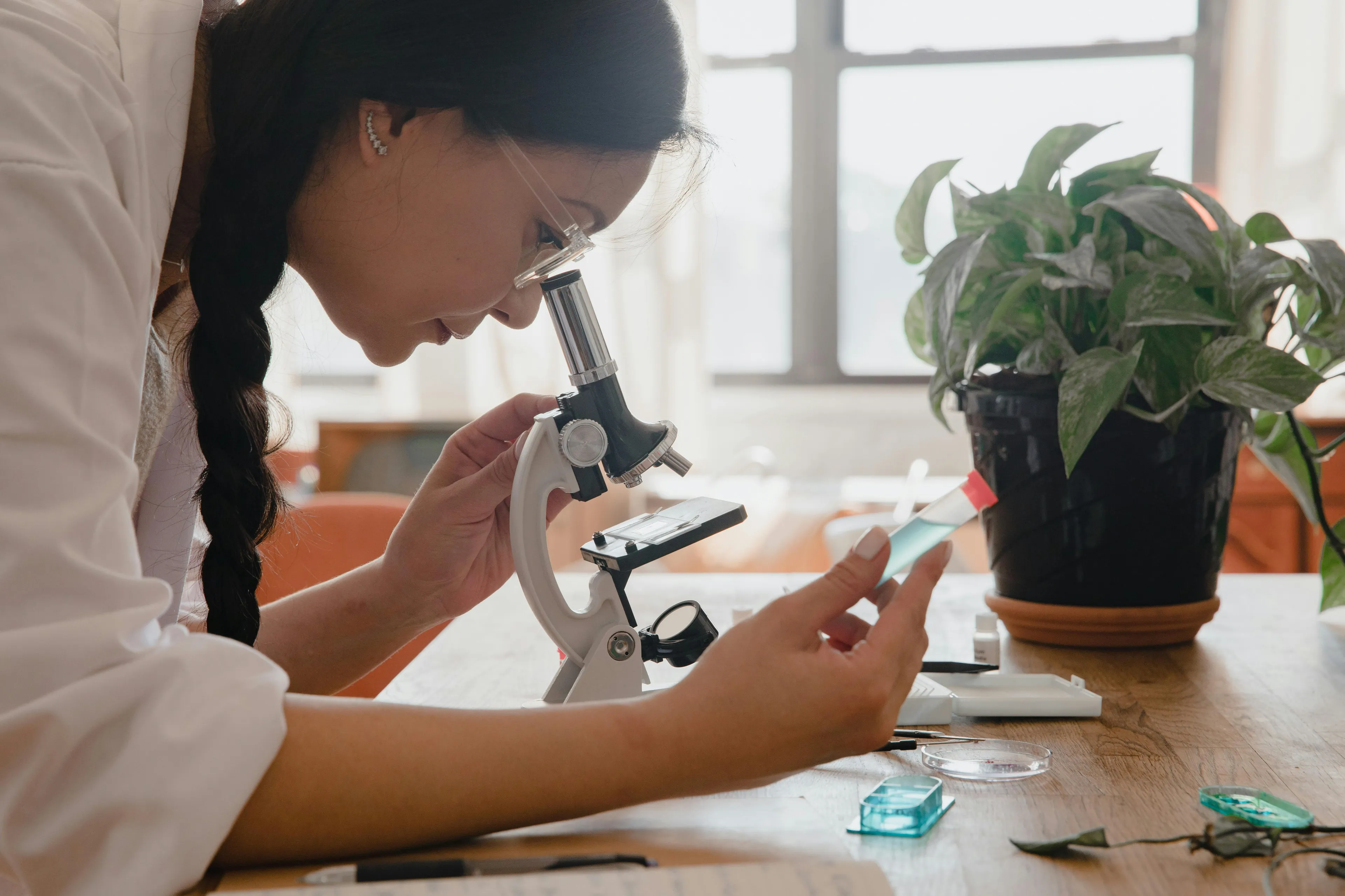 Student examining a sample slide with a microscope in a bright room, engaged in biology study at a wooden desk.