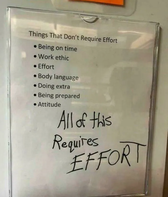 A relatable meme: a list titled Things That Don't Require Effort, with All of this Requires EFFORT handwritten below.