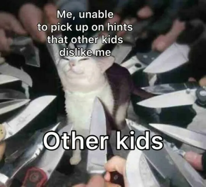 A smug cat, unaware of the many knives pointed at it by hands labeled Other kids, illustrates relatable memes.