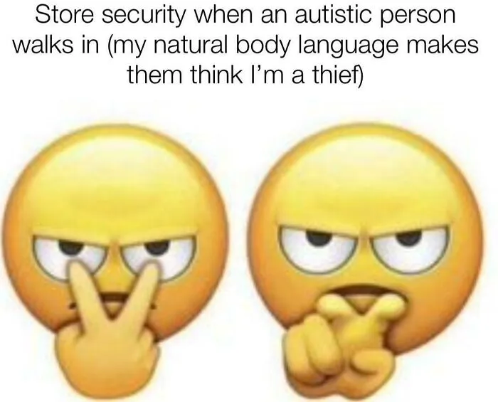 Two yellow emoji faces with suspicious expressions. One forms a looking gesture, the other a thinking gesture. Relatable memes for the brain.