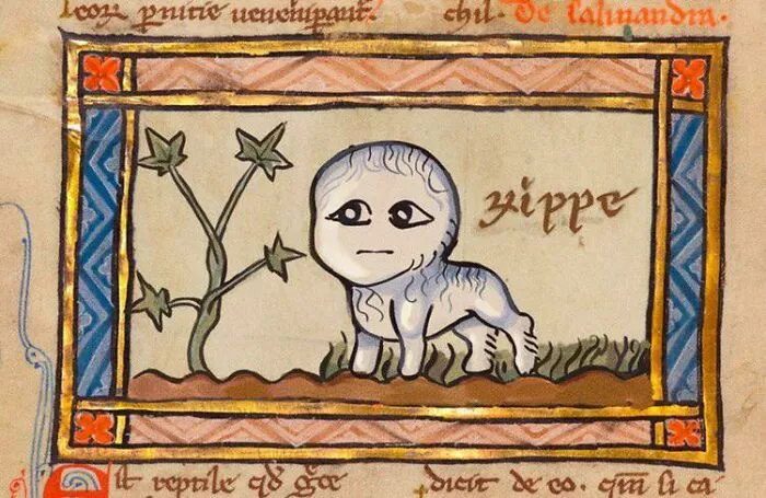 A medieval illustration depicting a strange, white, baby-like creature with large eyes standing next to a plant. Relatable memes.