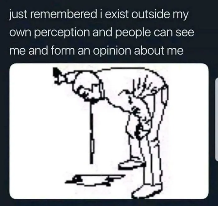 A relatable meme of a person staring at their reflection, contemplating existing outside their own perception.