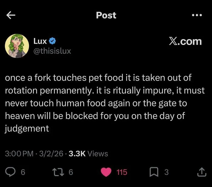 A relatable meme on X (formerly Twitter) about a fork touching pet food, humorously stating it becomes ritually impure.