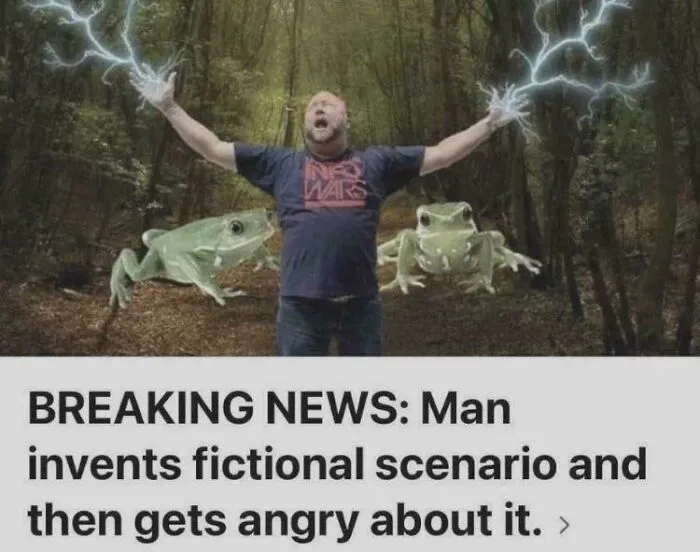 Man in an InfoWars shirt with lightning from his hands and two frogs in a forest, a relatable meme for when brains don't follow the script.