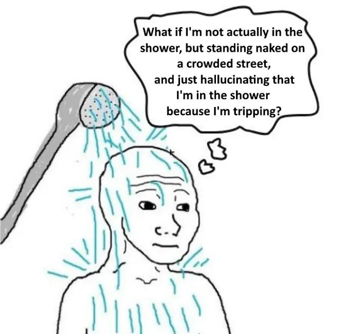 A meme depicting a man in the shower with a thought bubble above his head, contemplating a relatable meme.