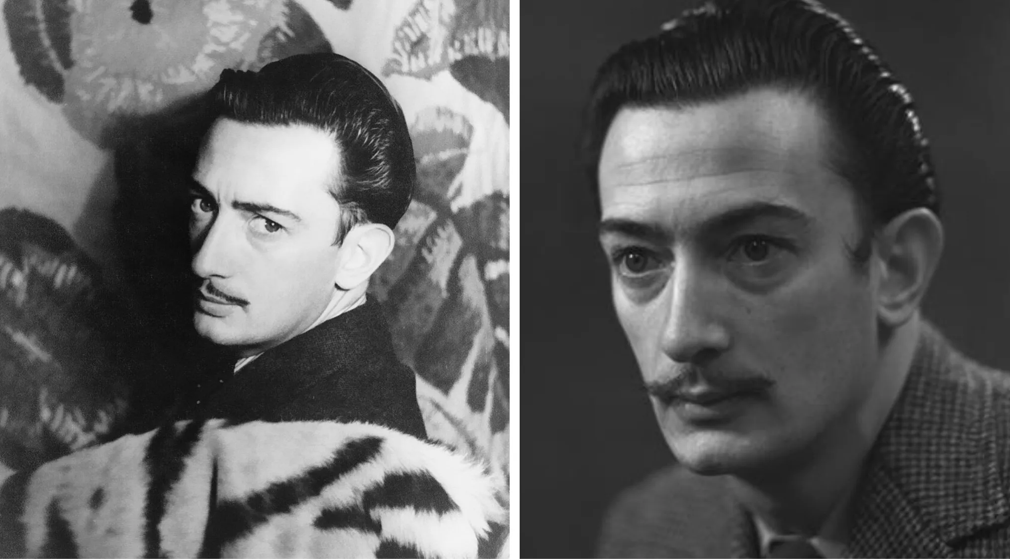 Black and white portraits of Salvador Dalí, a leading figure of the Surrealism art movement, with slicked-back hair and mustache.