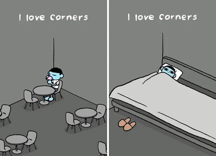 A split image shows a cartoon character who loves corners. This relatable meme depicts them eating in a restaurant corner and sleeping in a bed corner.