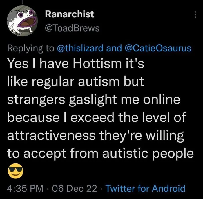 A relatable meme tweet on a black background, featuring a frog avatar, discussing "Hottism" and online gaslighting.