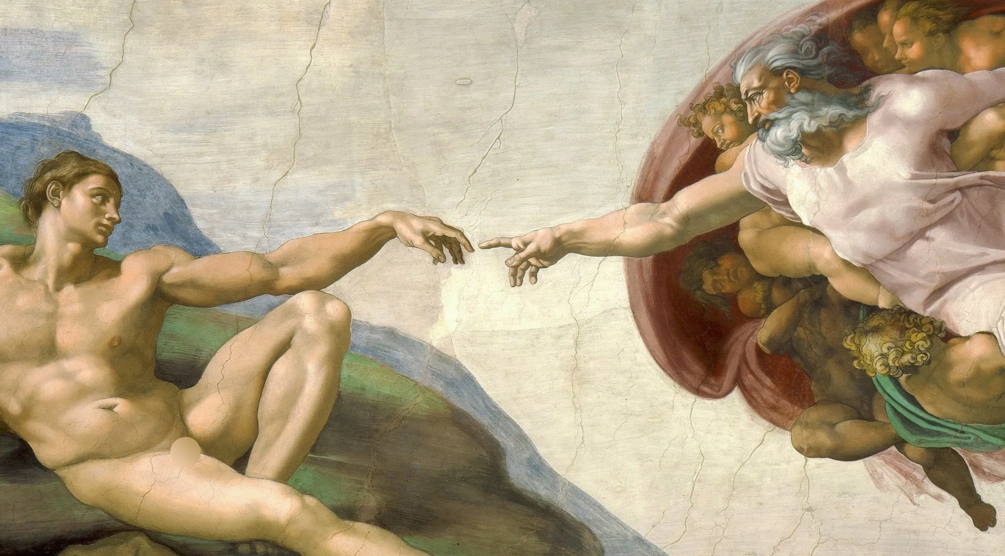 Fresco showing God reaching out to Adam with others nearby, illustrating famous Renaissance art painting.