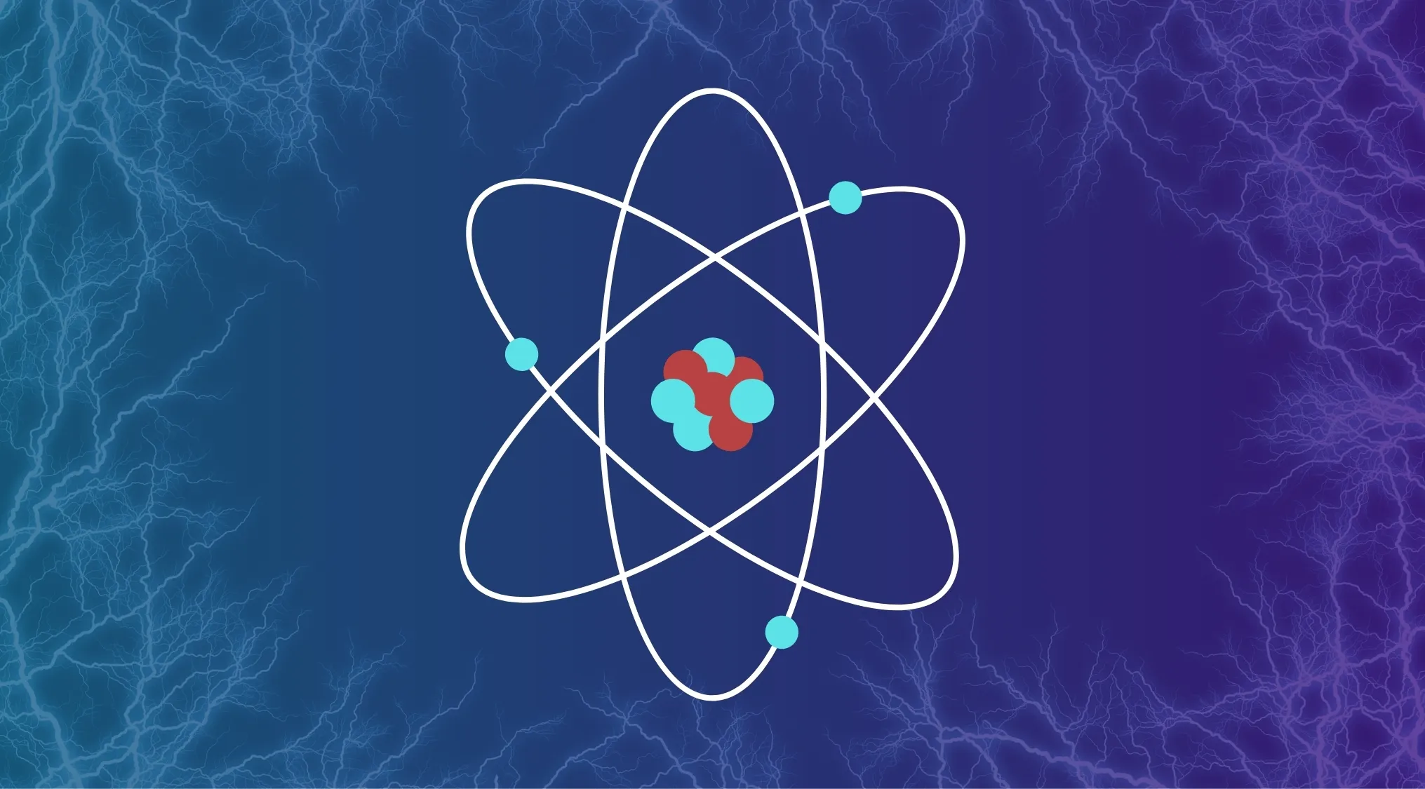 Atom illustration showing negatively charged electrons orbiting around the nucleus with electric energy background