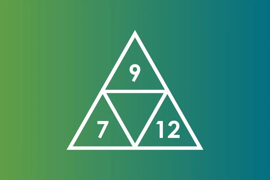 White outlined triangle with numbers 9, 7, and 12 inside smaller triangles on blue to purple gradient background logic puzzle