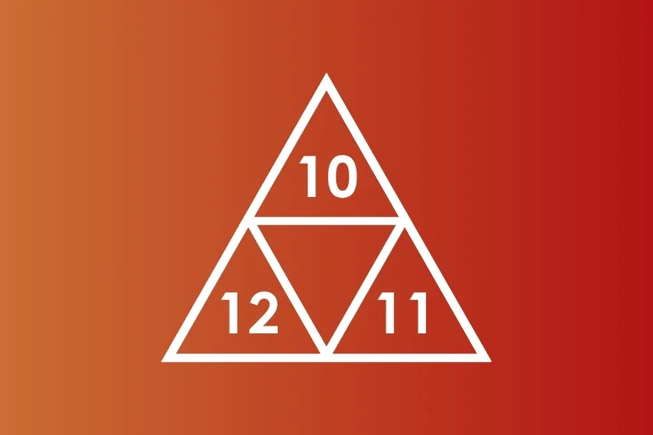 Triangle puzzle showing numbers 10, 11, and 12 inside smaller connected triangles on blue purple gradient background logic shape sequence