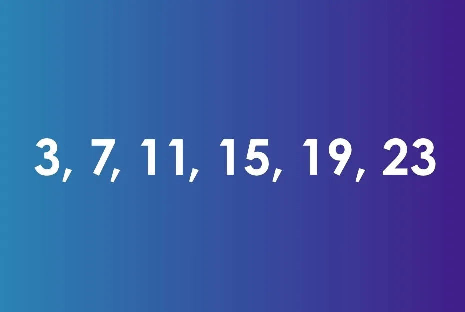 Arithmetic sequence example with numbers 3, 7, 11, 15, 19, 23 displayed on blue to purple gradient.