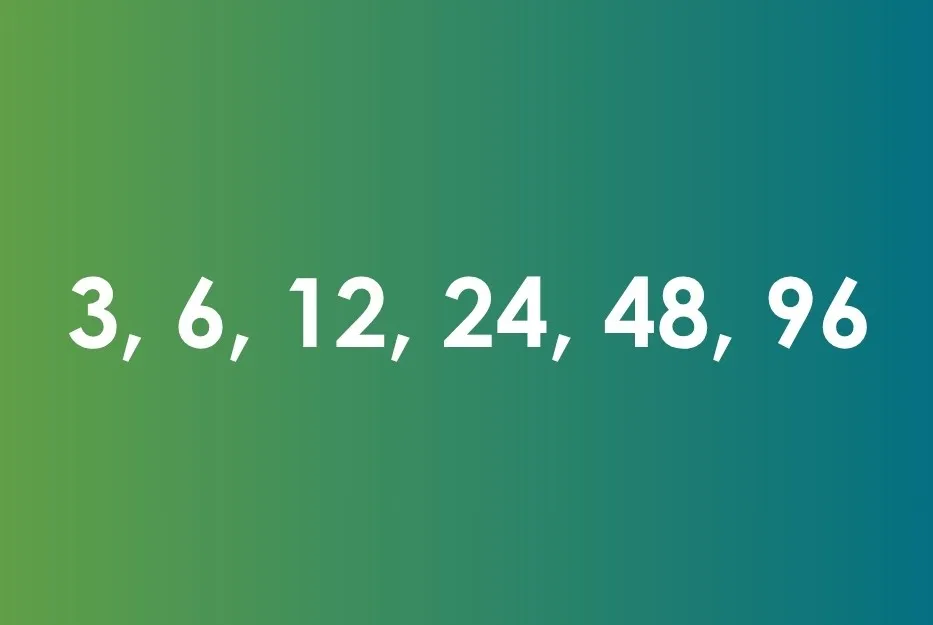 Number sequence 3, 6, 12, 24, 48, 96 shown on a green to blue gradient background, illustrating arithmetic sequence concept.