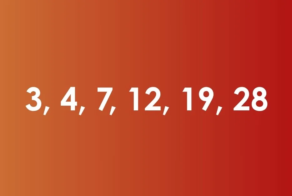 Sequence of numbers 3, 4, 7, 12, 19, 28 displayed on a red gradient background as an arithmetic sequence example.