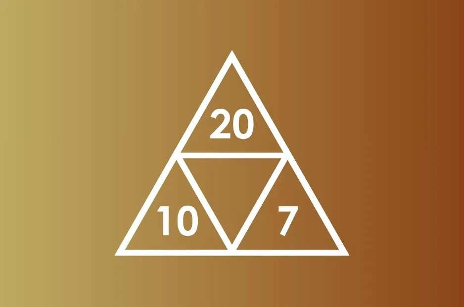 Triangle shape with numbers 20, 10, and 7 inside, presented on a blue to purple gradient background for logic puzzle.