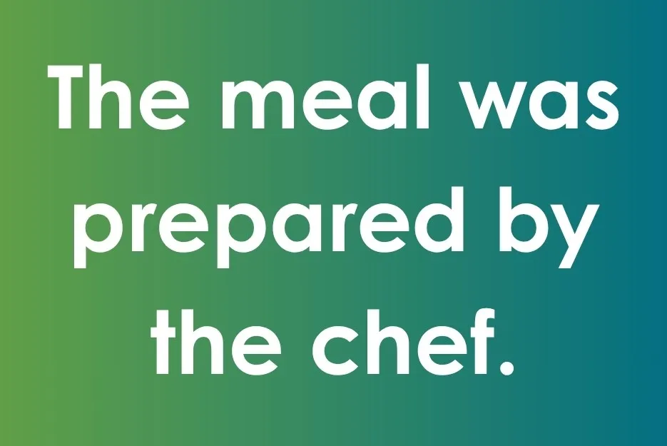 The meal was prepared by the chef shown on a green to blue gradient background highlighting passive voice grammar.