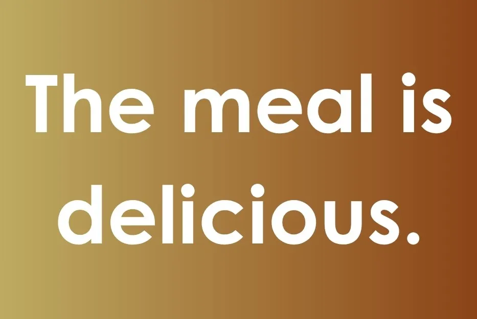 The meal is delicious sentence shown on a brown gradient background discussing passive voice in grammar.