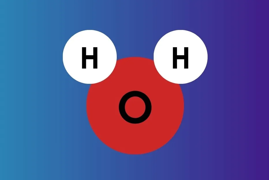 Water molecule diagram with one large red oxygen atom connected to two smaller white hydrogen atoms.