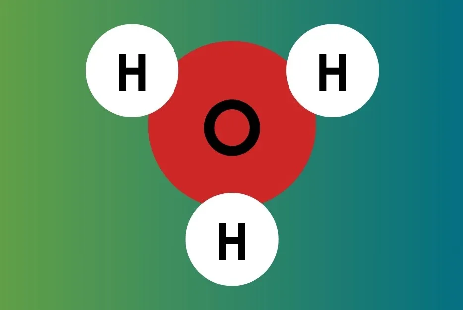 Diagram showing oxygen atom in red with three hydrogen atoms in white circles representing a water molecule structure.