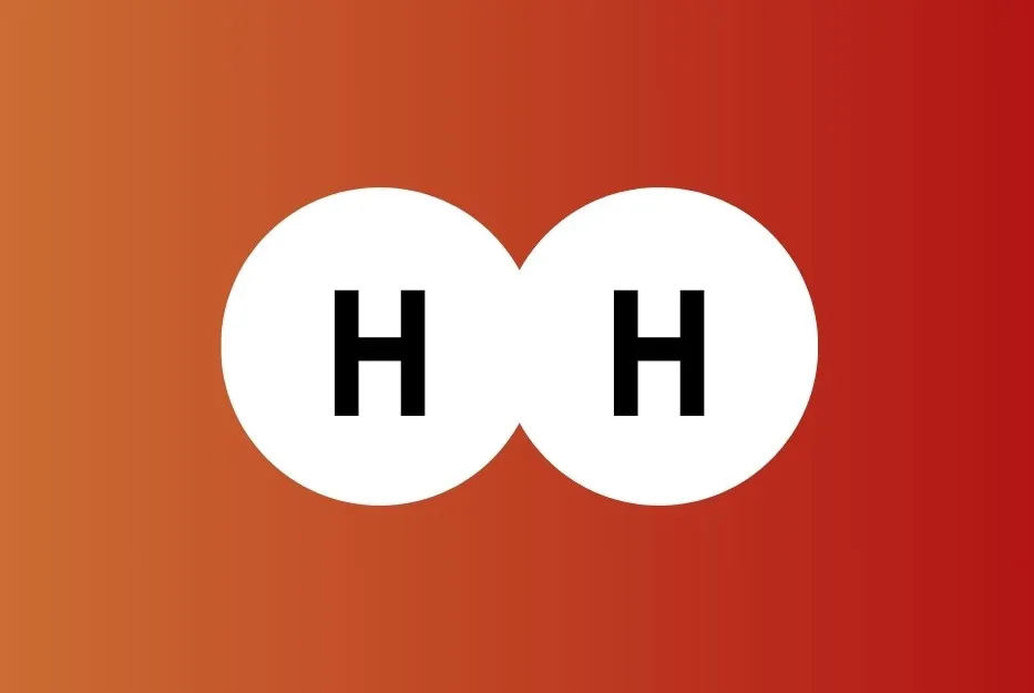 White circles representing hydrogen atoms connected on a red gradient background, missing oxygen for a water molecule.
