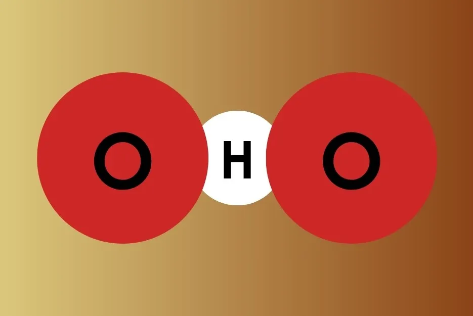 Diagram showing two red oxygen atoms and one white hydrogen atom, incorrectly illustrating a water molecule structure.