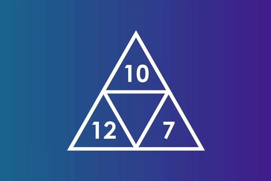Triangle logic puzzle with numbers 10, 12, and 7 inside smaller triangles on a blue to purple gradient background