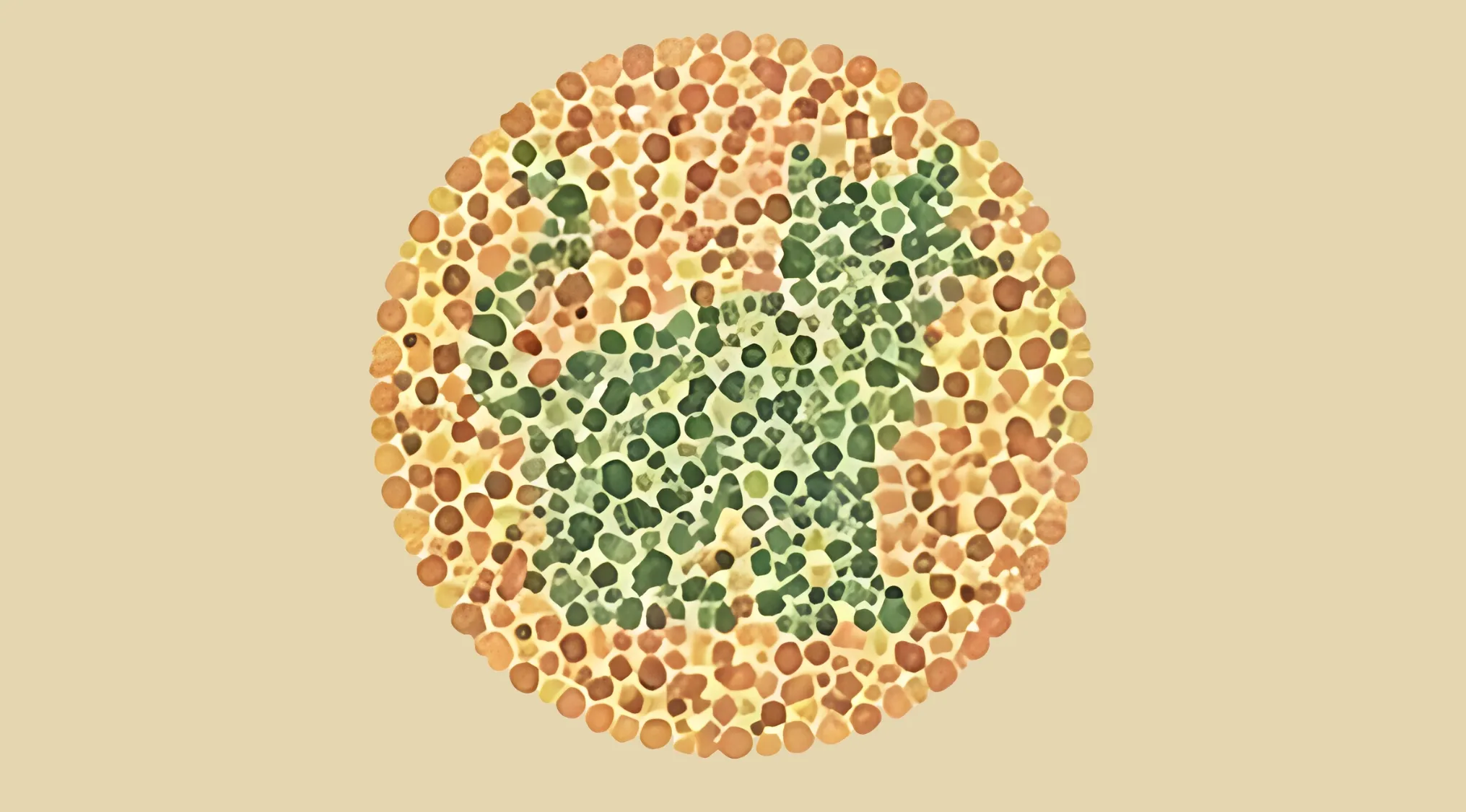 Color blindness test pattern with green and brown dots forming a hidden creature silhouette inside a circle.