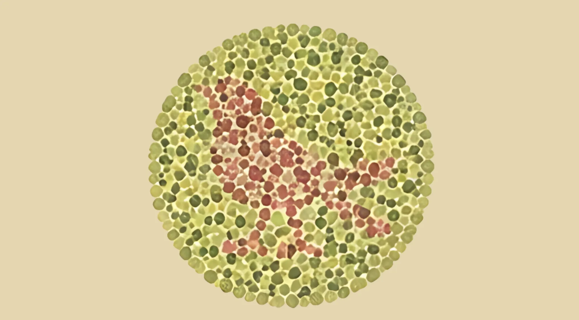 Color blindness test pattern featuring a hidden bird made of red and green dots on a beige background.