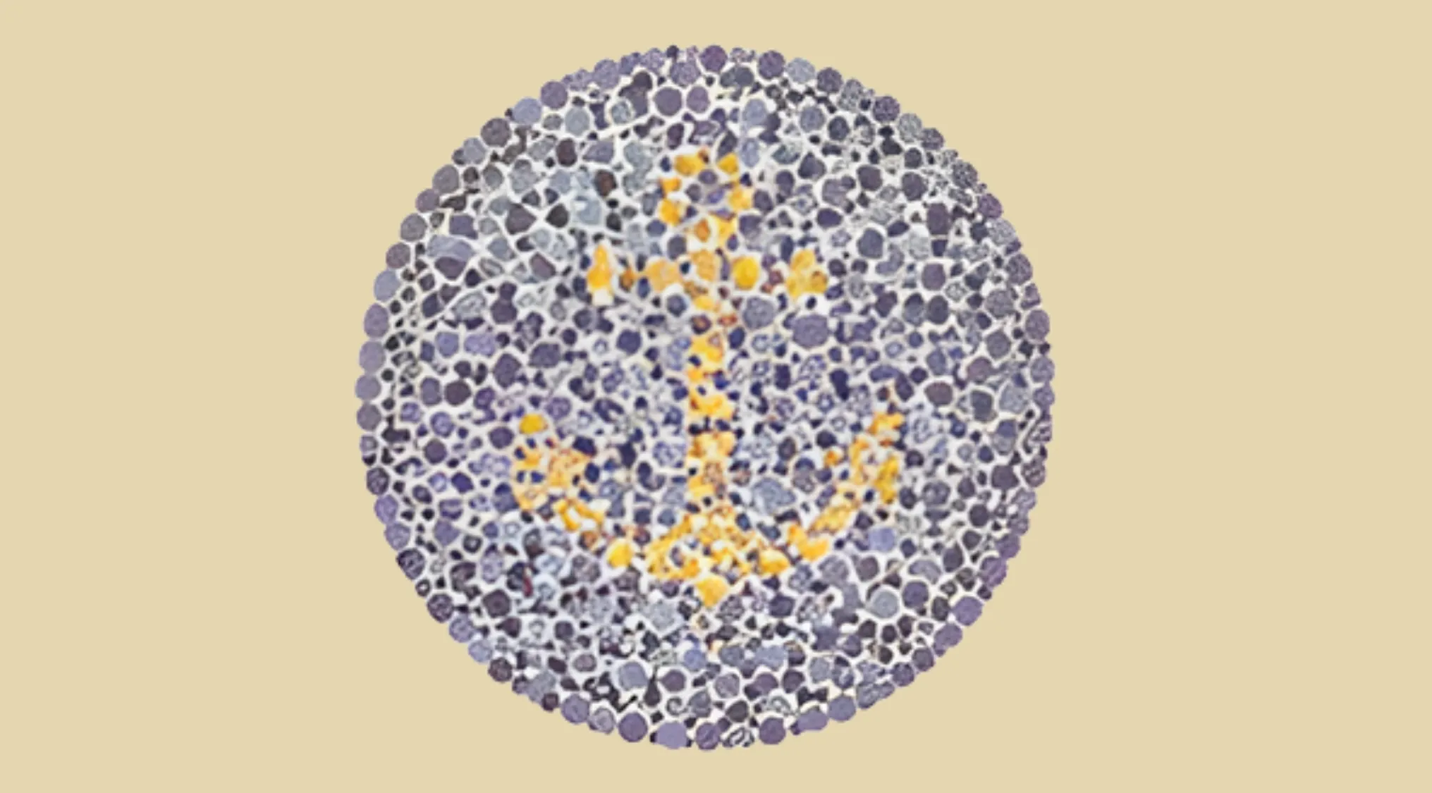Color blindness test circle with a hidden yellow anchor shape among purple and gray dots on a beige background.