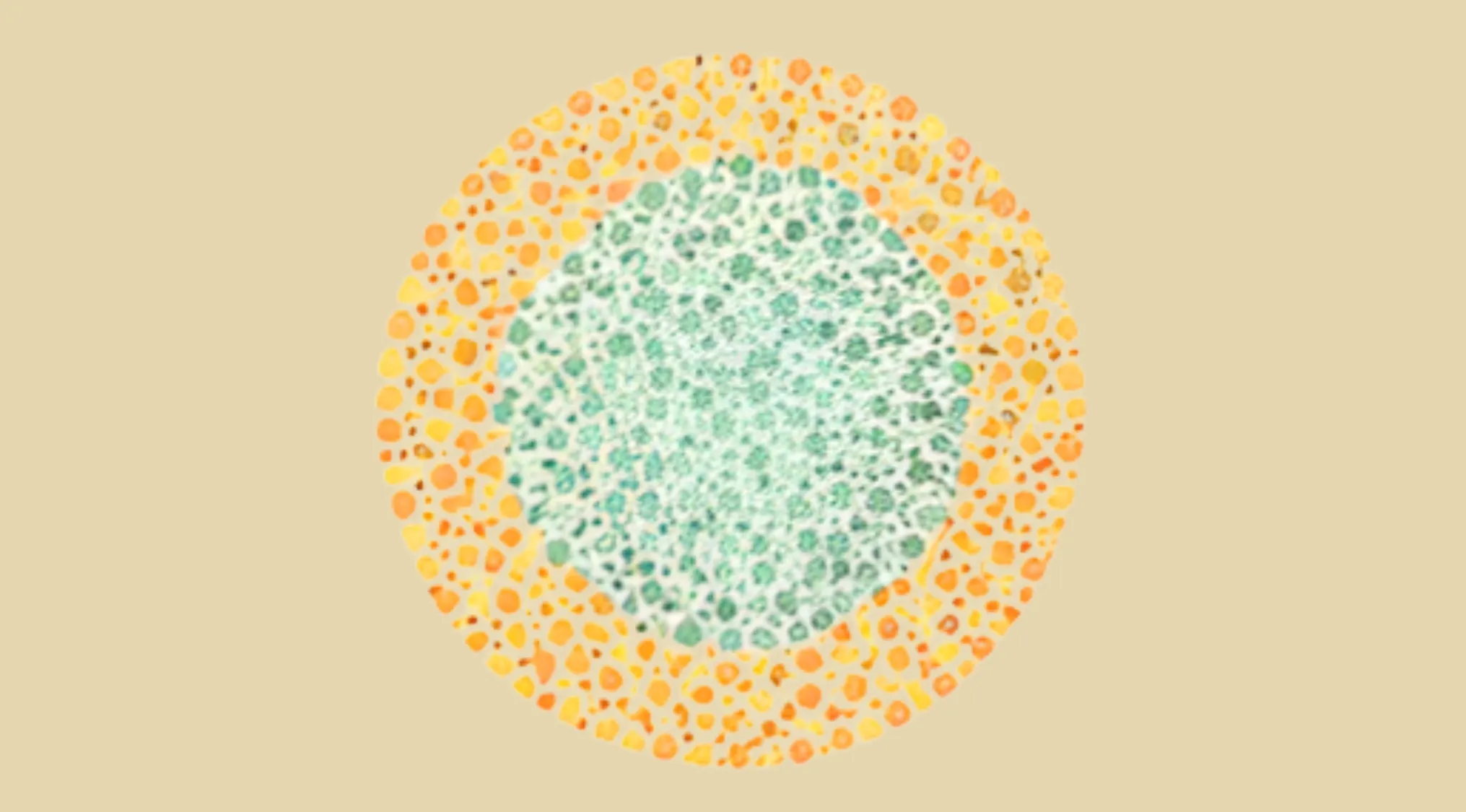 Circular color blindness test pattern with green and orange dots forming a central shape.