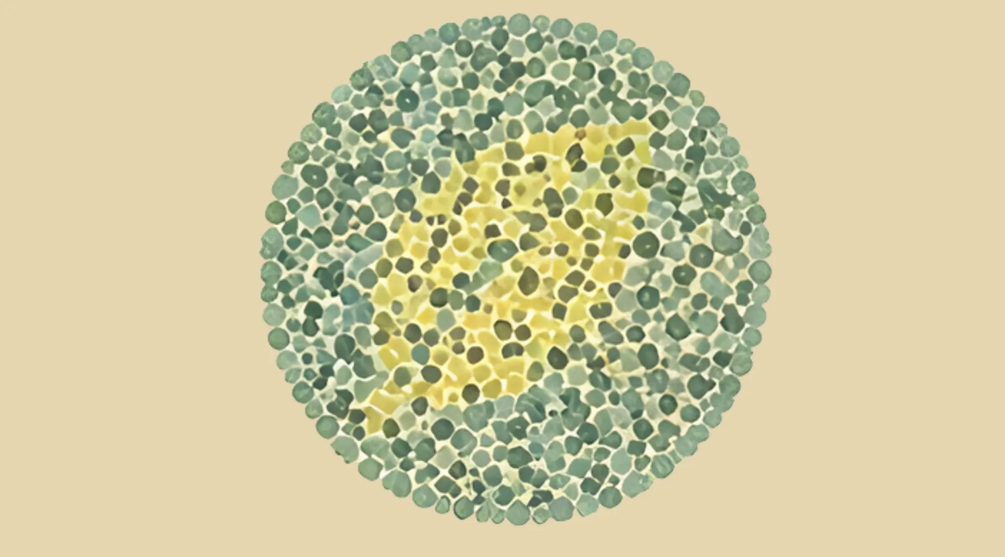 Ishihara color blindness test plate with a number made of yellow and green dots on a beige background.