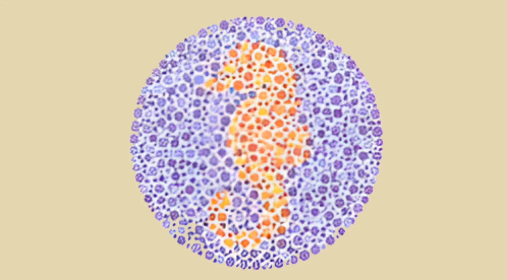 Color blindness test pattern showing a seahorse shaped animal in orange and purple dots.