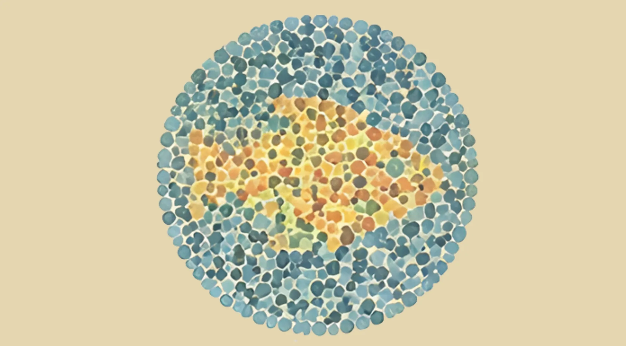 Color blindness test plate showing an orange fish hidden among blue and green dots on a beige background.