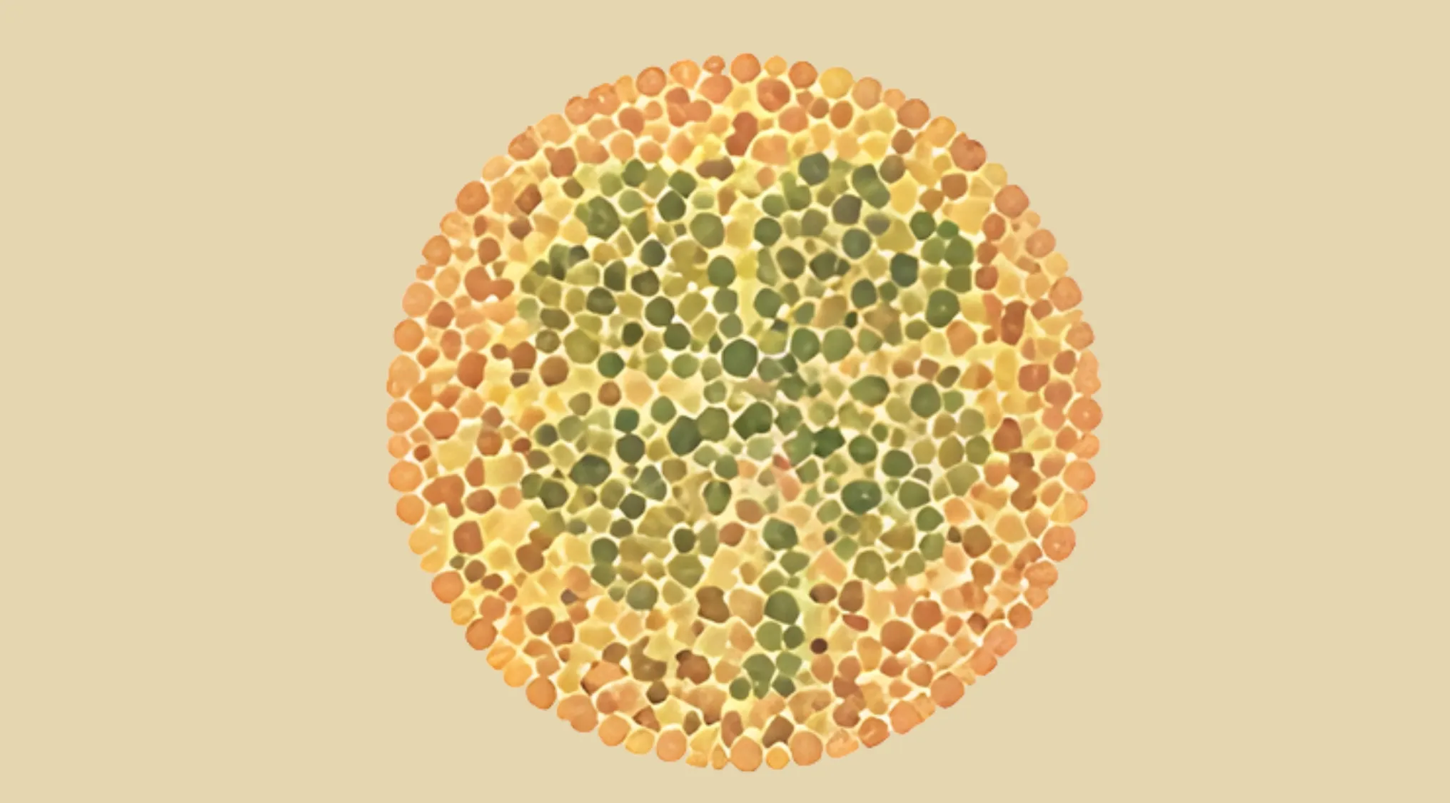 Color blindness test pattern with colored dots forming the number 74 against a beige background.