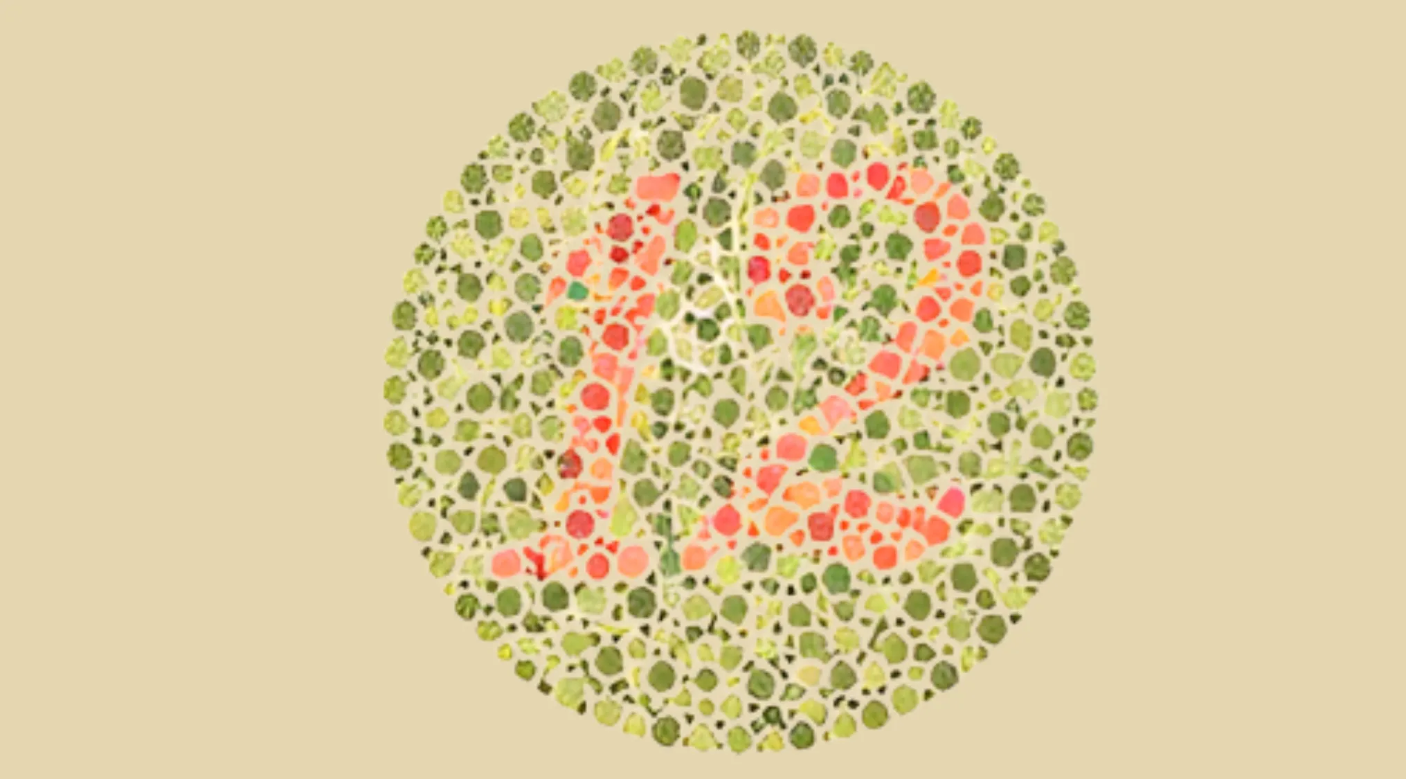 Ishihara color blindness test plate showing number 12 in red and green dots against a beige background.