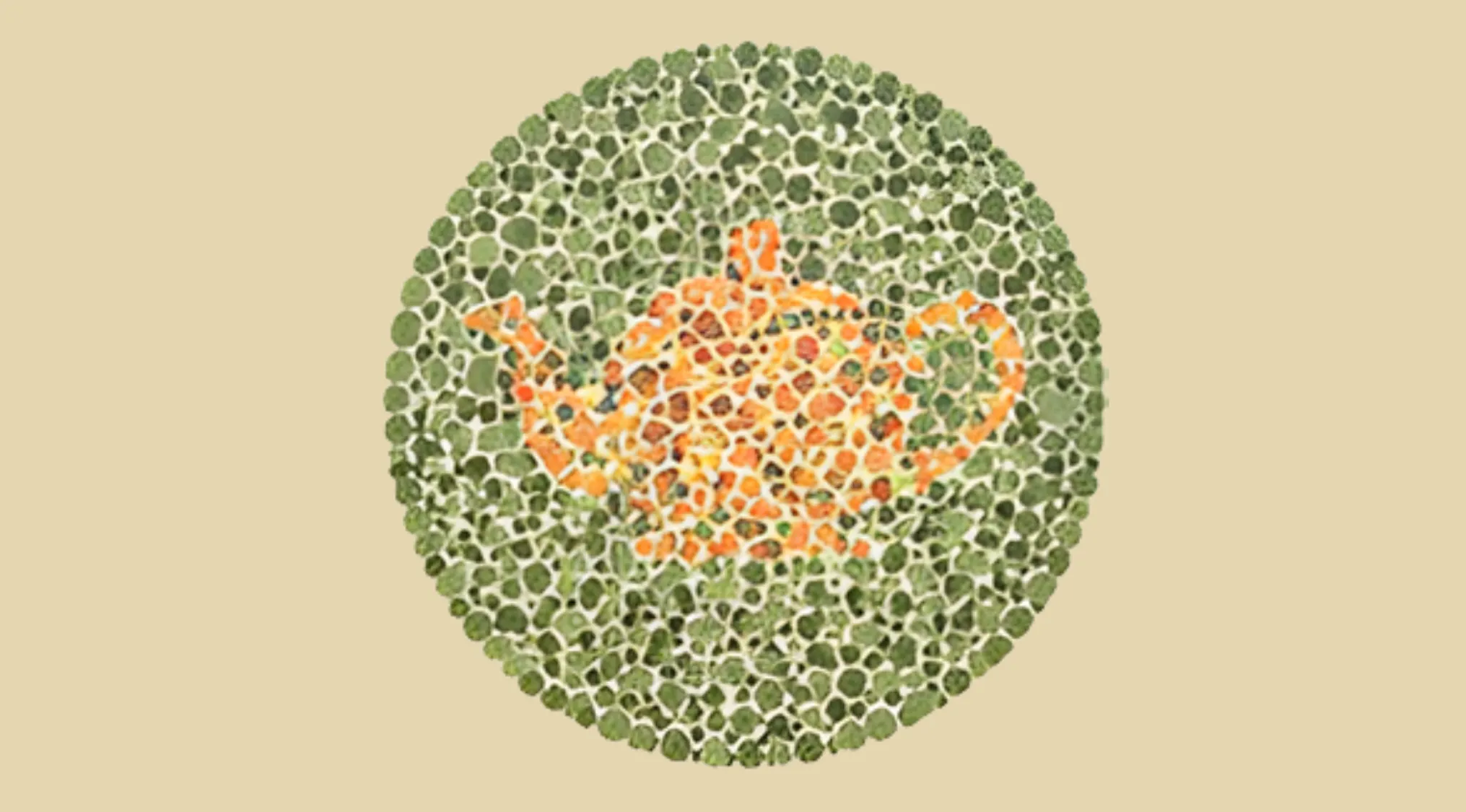 Color blindness test plate showing a teapot shape made of orange and green dots on a beige background.