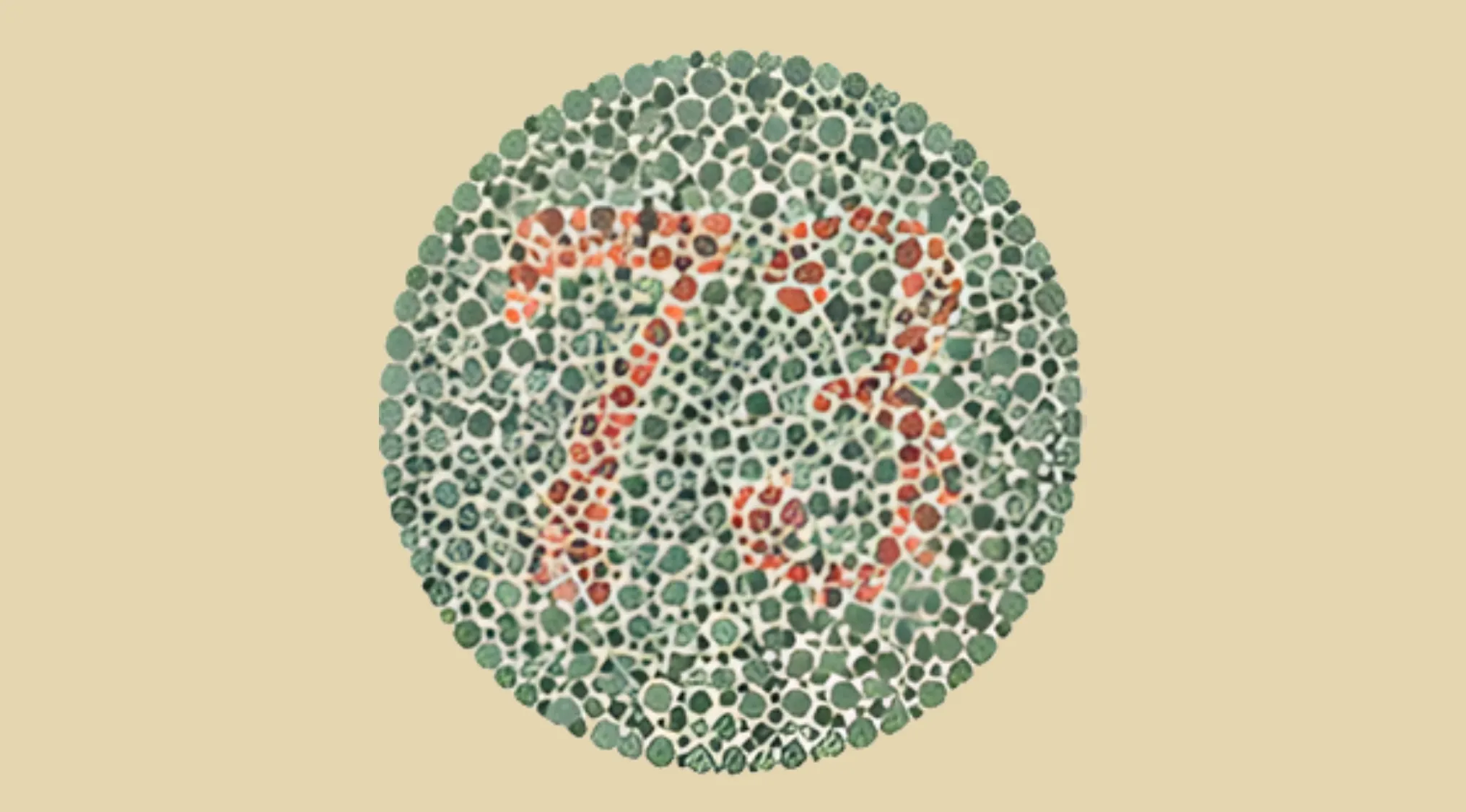 Color blindness test plate showing number 73 in red and green dots on a beige background.