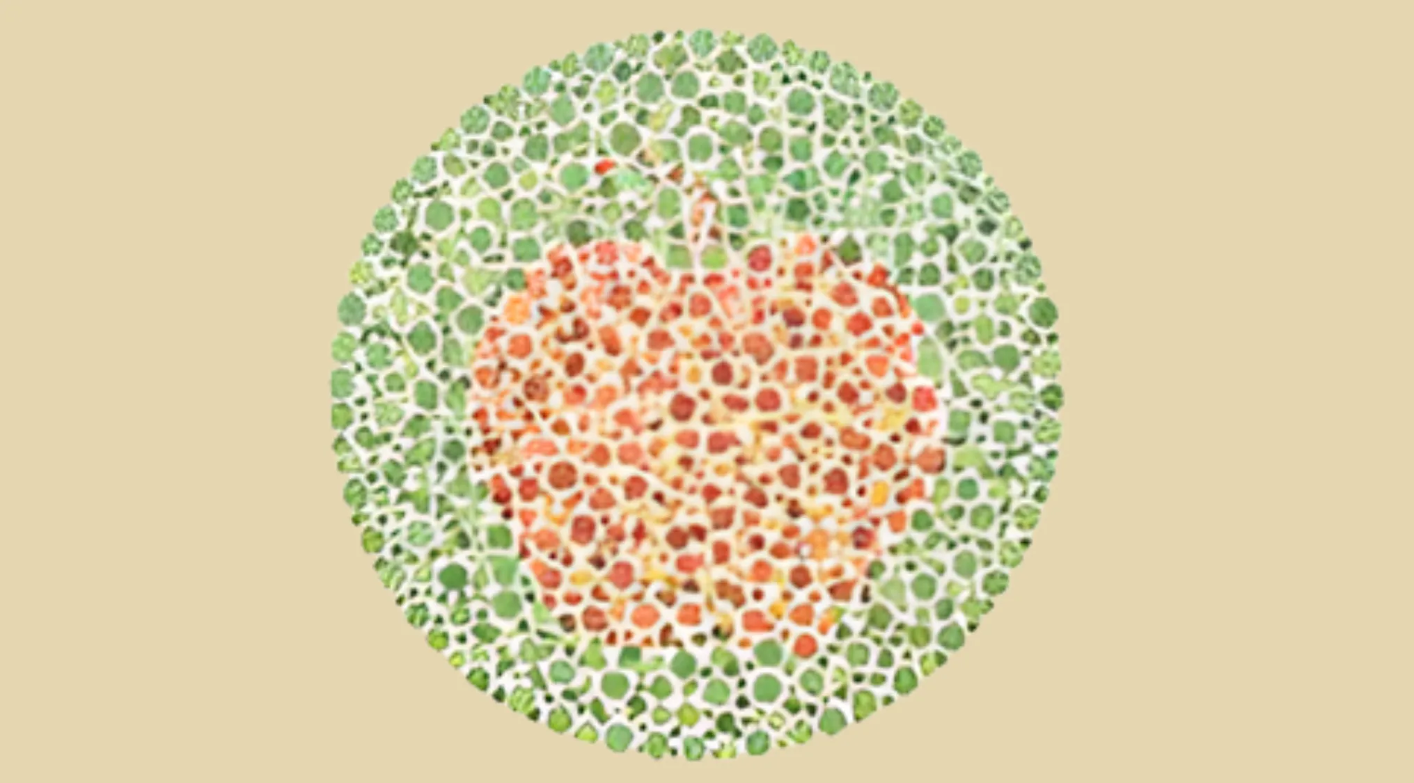 Color blindness test plate showing an apple formed by red and green dots on a beige background.